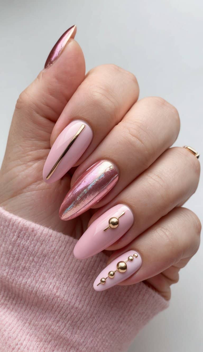 Metallic Rose Gold Accent Almond Nails Metallic Rose Gold Accent Almond Nails — Simple Rose Gold Nails