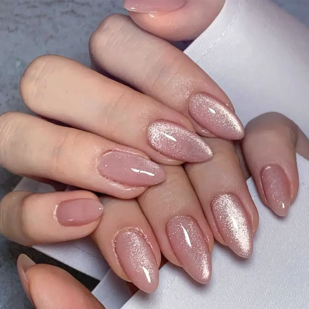 Shimmering Nude Pink Cat Eye Almond Nails Shimmering Nude Pink Cat Eye Almond Nails — Simple Rose Gold Nails