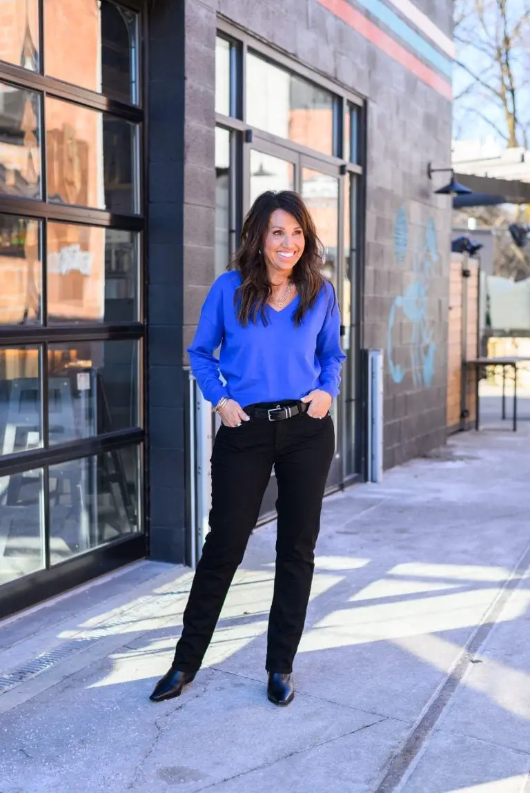 Royal Blue V-neck Sweater with Black Trousers — Simple Royal Blue Outfits