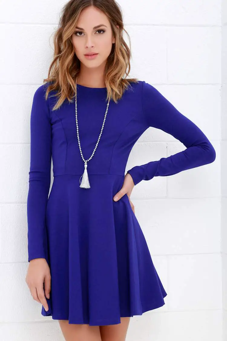 Royal Blue Long Sleeve Skater Dress for Casual Outings — Simple Royal Blue Outfits