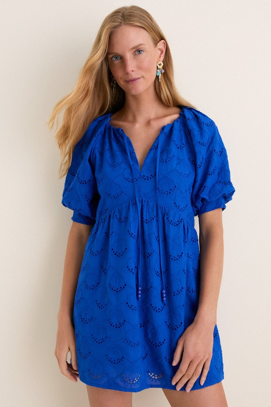 Royal Blue Eyelet Mini Dress with Puff Sleeves — Simple Royal Blue Outfits