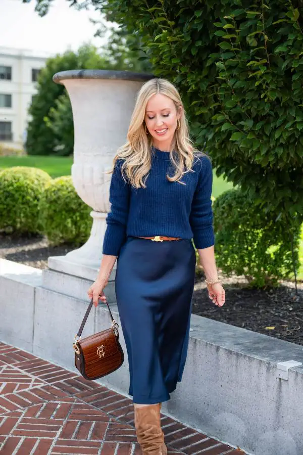 Navy Blue Knit Sweater Over Navy Blue Satin Midi Skirt — Simple Royal Blue Outfits