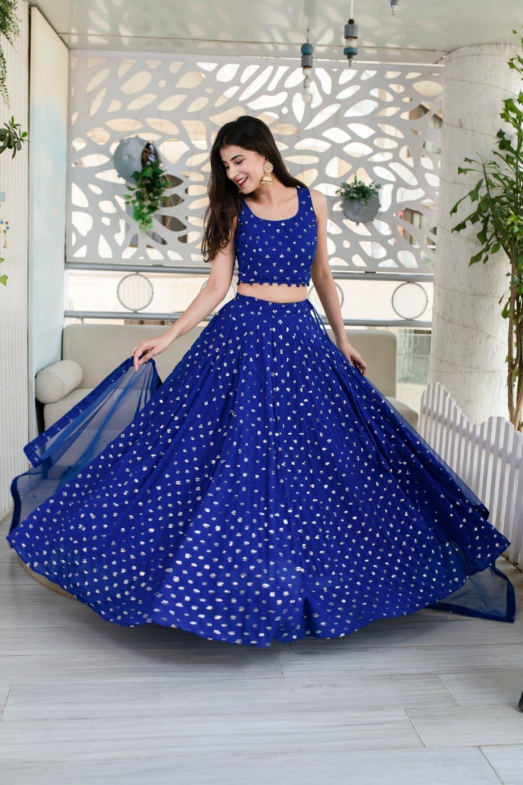 Royal Blue Lehenga Set with Metallic Polka Dots — Simple Royal Blue Outfits