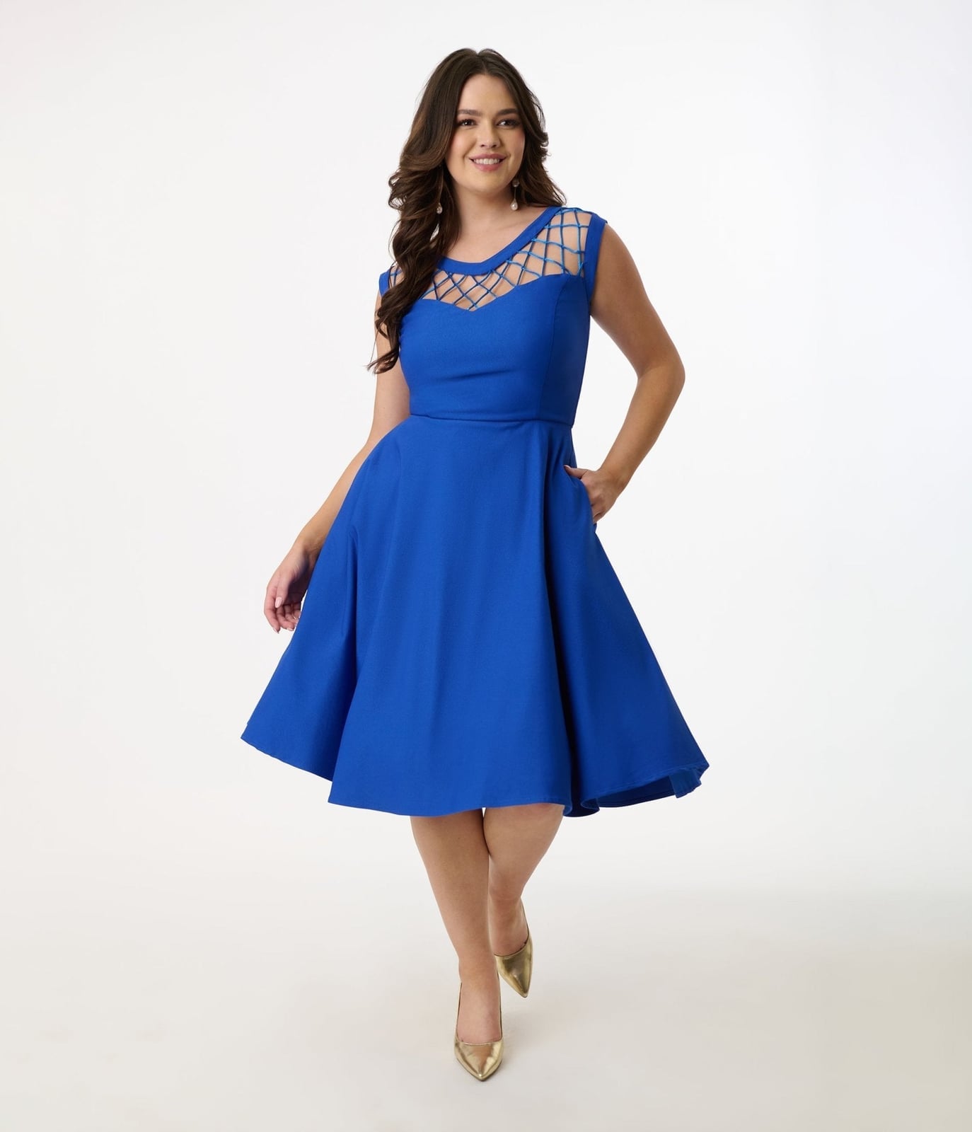 Royal Blue Fit and Flare Midi Dress with Lattice Neckline — Simple Royal Blue Outfits