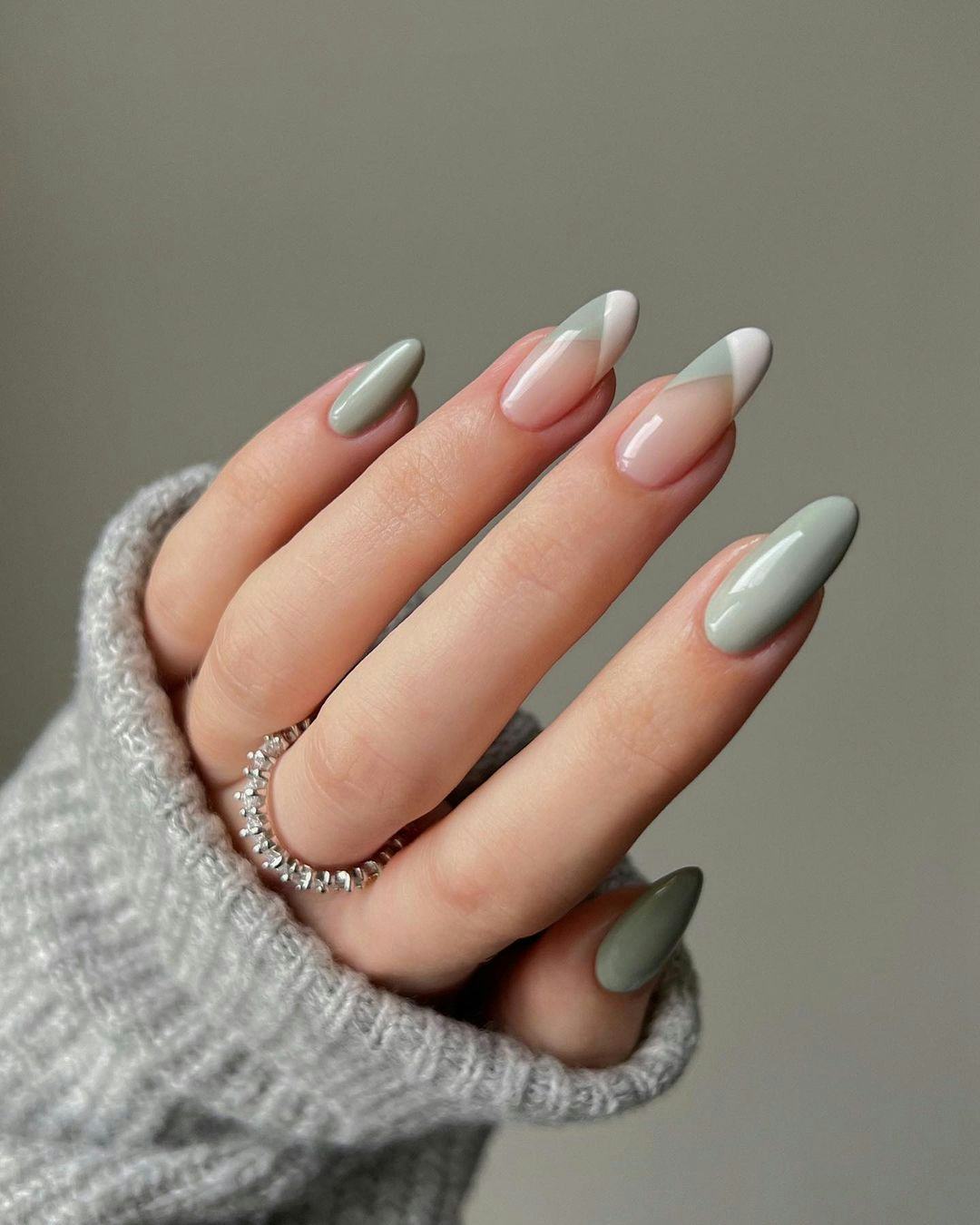 Nude Base With Sage Green French Tip Nails Nude Base With Sage Green French Tip Nails — Simple Sage Nails