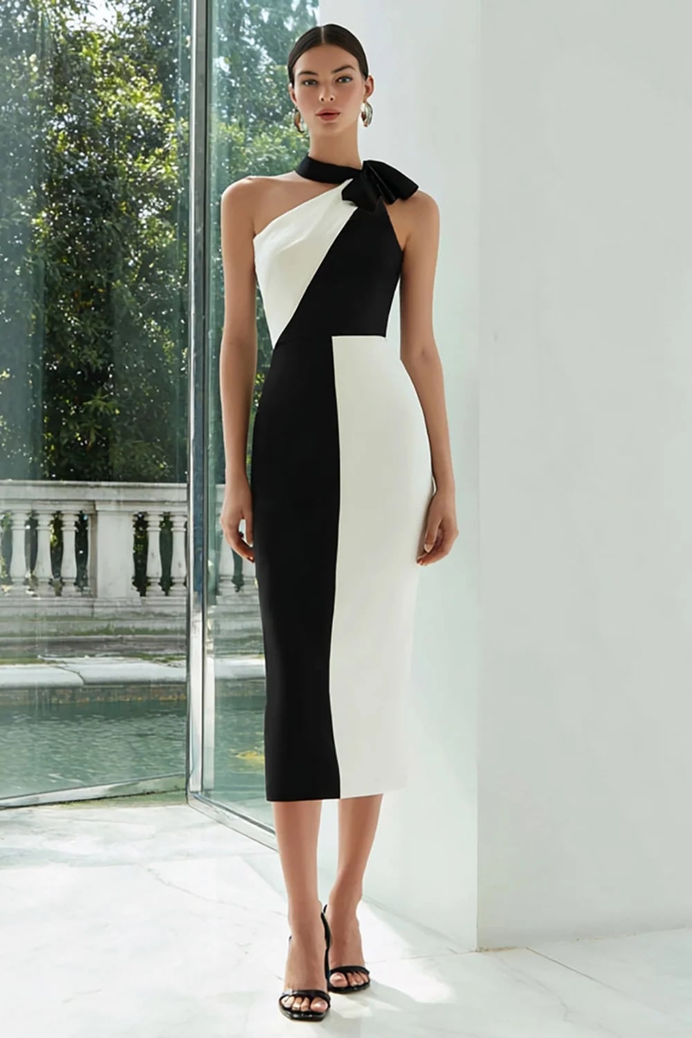 Zapakasa Women Simple Black and White Satin Midi Formal Dress Sheath Patchwork Semi-Formal Dress