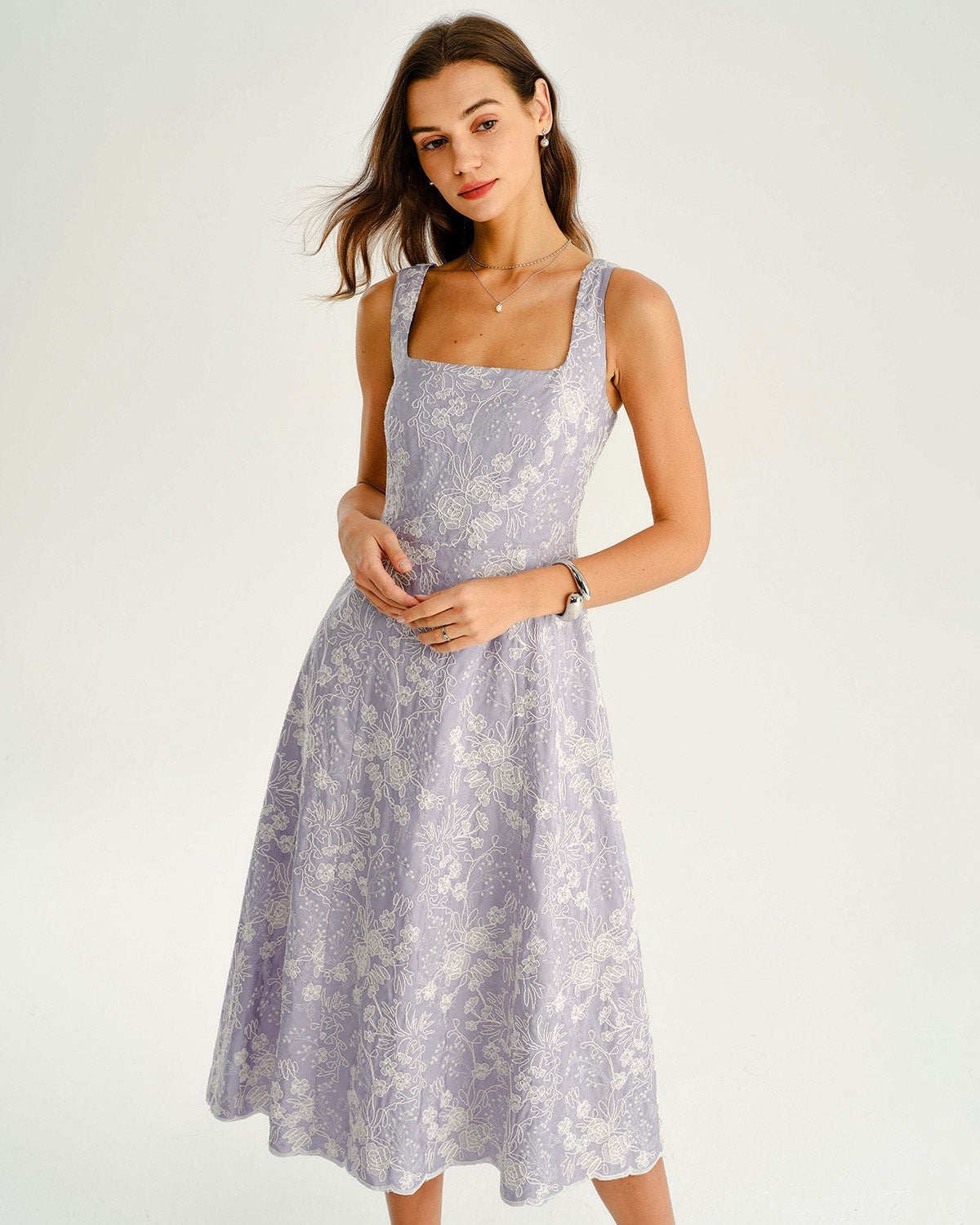 Lavender Midi Dress with Square Neckline and Floral Embroidery Lavender Midi Dress with Square Neckline and Floral Embroidery — Simple Semi Formal Outfits