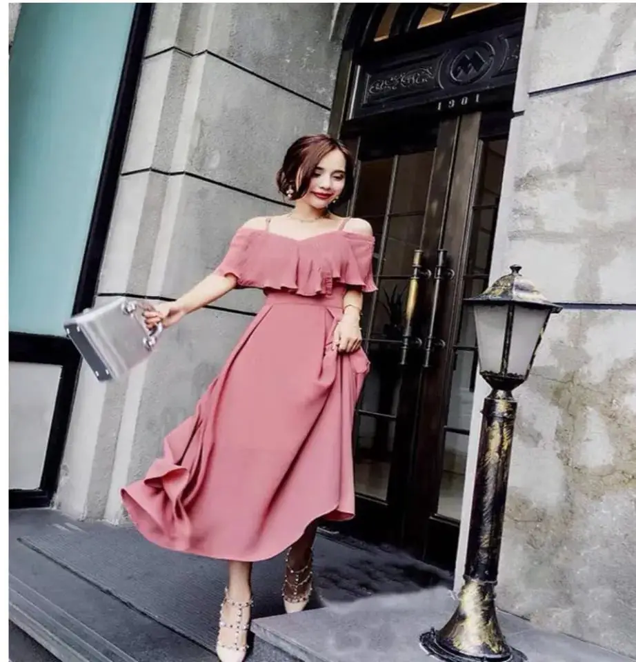 Dusty Pink Off-Shoulder Midi Dress with Ruffled Neckline Dusty Pink Off-Shoulder Midi Dress with Ruffled Neckline — Simple Semi Formal Outfits
