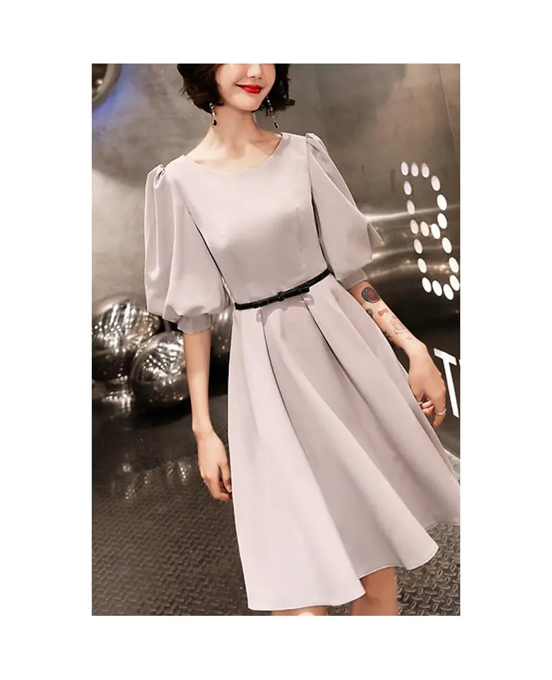 Light Gray A-Line Dress with Lantern Sleeves and Black Belt Light Gray A-Line Dress with Lantern Sleeves and Black Belt — Simple Semi Formal Outfits