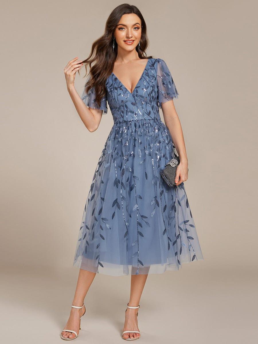 Dusty Blue Midi Dress with Leaf Embroidery and Sequins Dusty Blue Midi Dress with Leaf Embroidery and Sequins — Simple Semi Formal Outfits