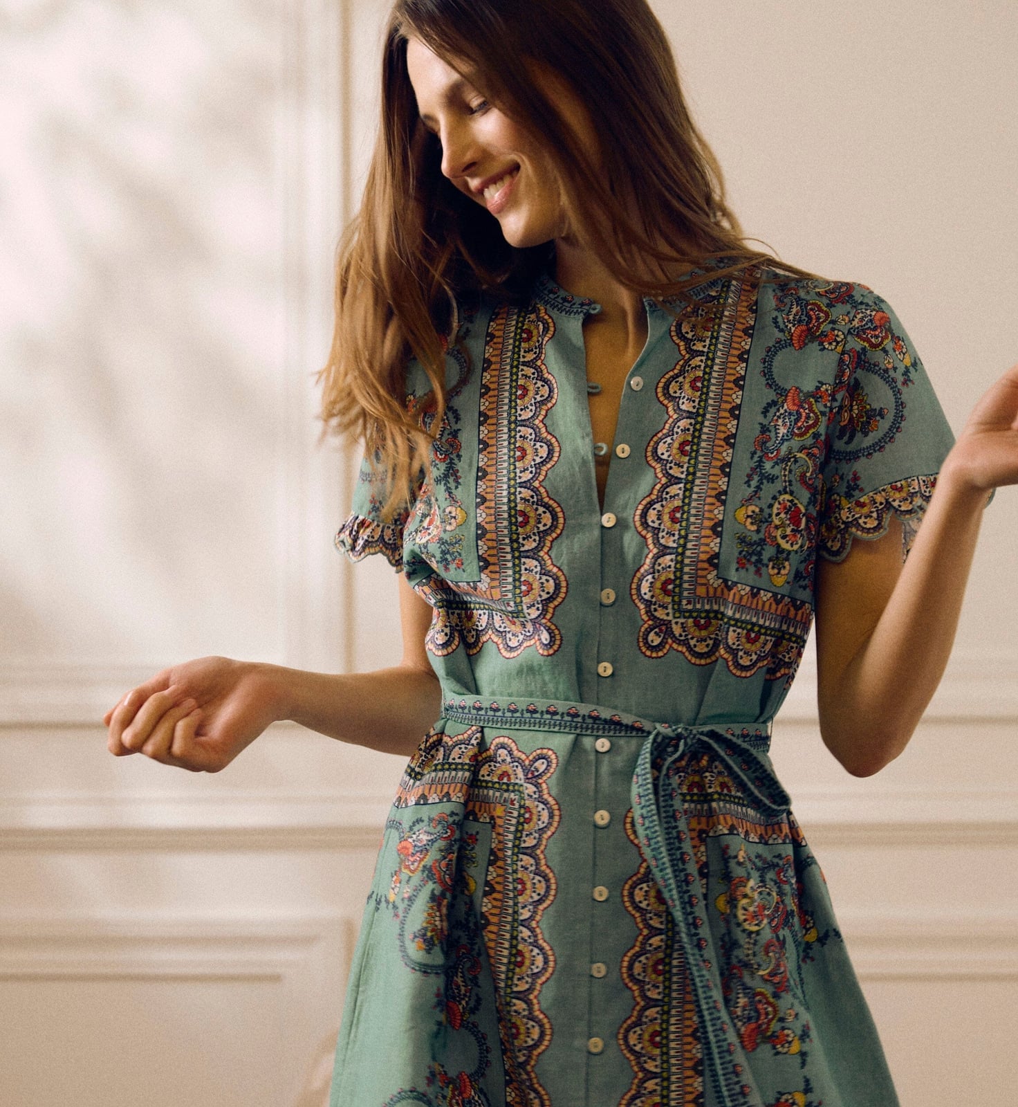 Teal Midi Shirt Dress with Ornate Print and Tie Waist Teal Midi Shirt Dress with Ornate Print and Tie Waist — Simple Semi Formal Outfits