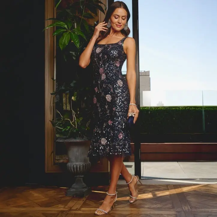 Dark Blue Sequined Sheath Dress with Floral, Office-Safe Version Dark Blue Sequined Sheath Dress with Floral, Office-Safe Version — Simple Semi Formal Outfits