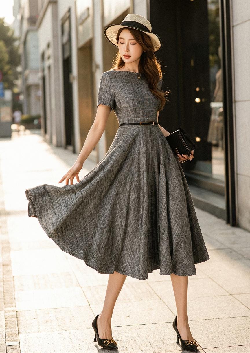 Gray Fit-And-Flare Midi Dress with Black Belt and Accessories Gray Fit-And-Flare Midi Dress with Black Belt and Accessories — Simple Semi Formal Outfits
