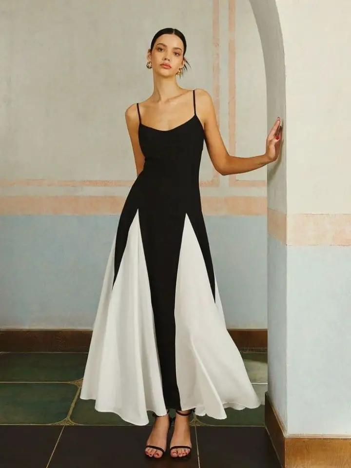 Black and White Dress with Contrasting Panels and A-Line Skirt Black and White Dress with Contrasting Panels and A-Line Skirt — Simple Semi Formal Outfits