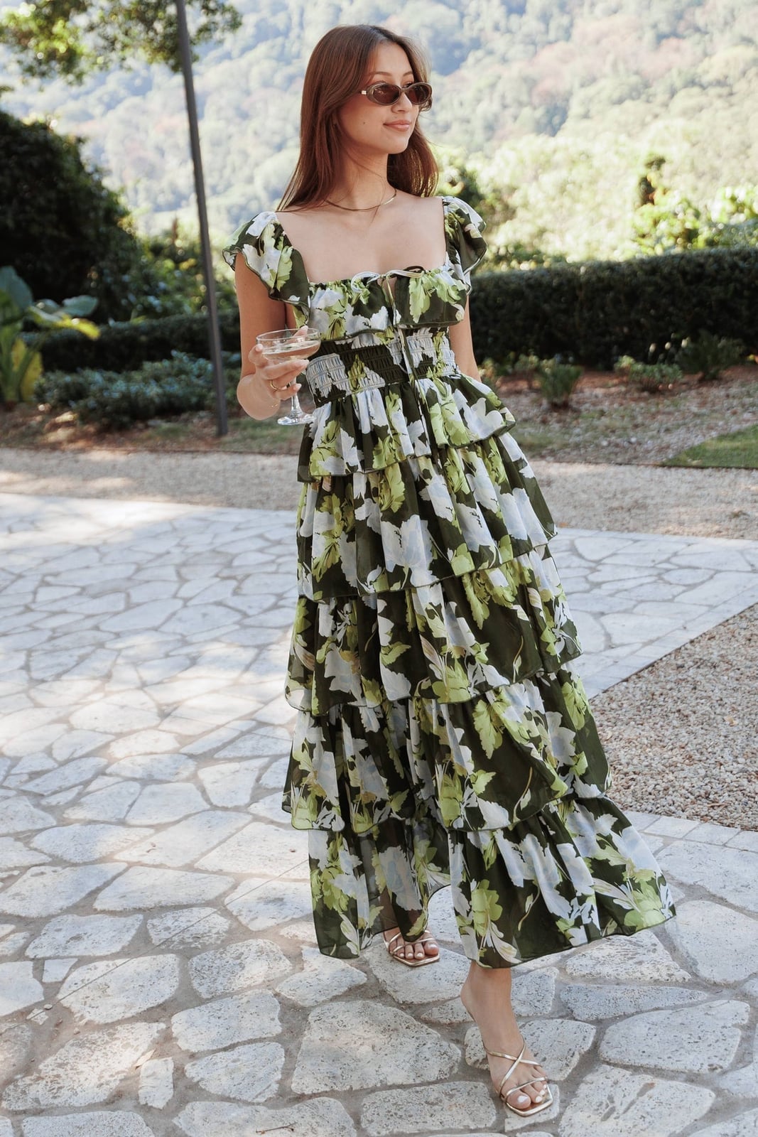 Green and White Floral Print Tiered Maxi Dress Green and White Floral Print Tiered Maxi Dress — Simple Semi Formal Outfits