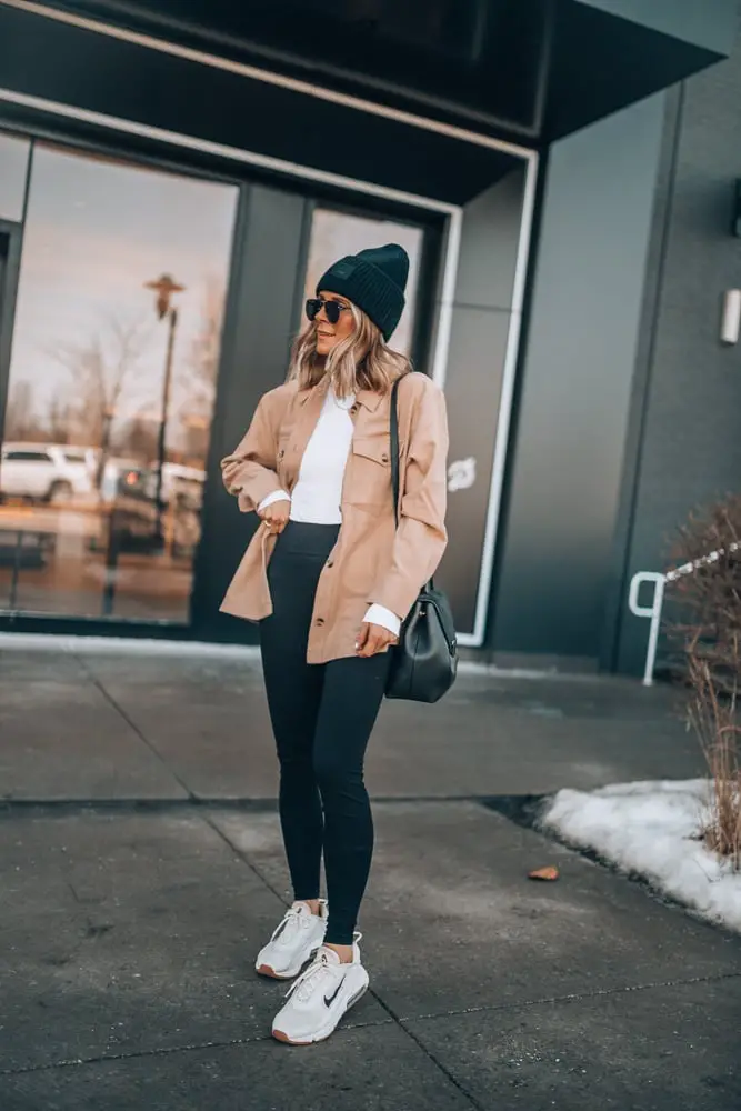 Tan Shacket with Black Leggings and Beanie Tan Shacket with Black Leggings and Beanie — Simple Shacket Outfits