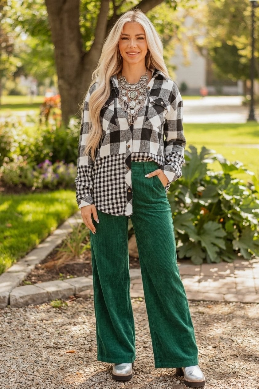 Patchwork Plaid Shacket with Green Corduroy Pants Patchwork Plaid Shacket with Green Corduroy Pants — Simple Shacket Outfits