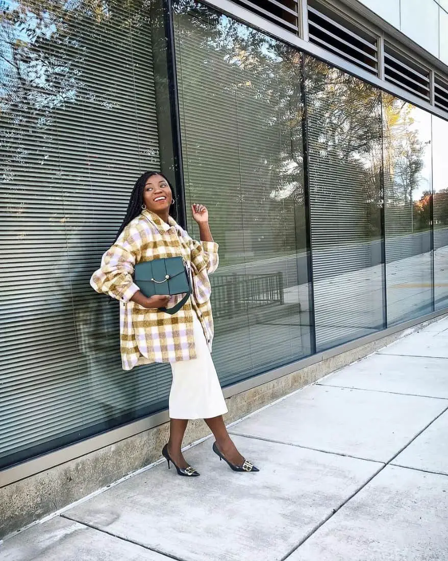 Oversized Plaid Shacket Over White Slip Dress Oversized Plaid Shacket Over White Slip Dress — Simple Shacket Outfits