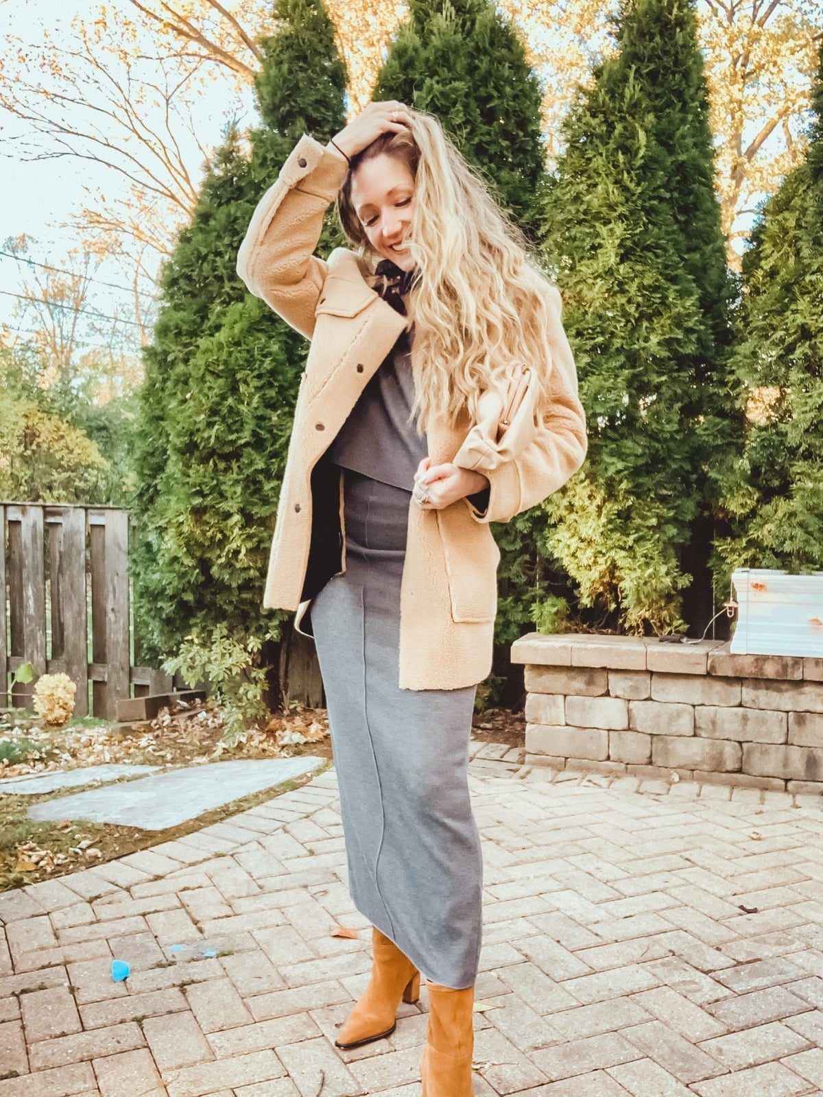 Tan Teddy Fleece Shacket Over Gray Knit Dress Tan Teddy Fleece Shacket Over Gray Knit Dress — Simple Shacket Outfits