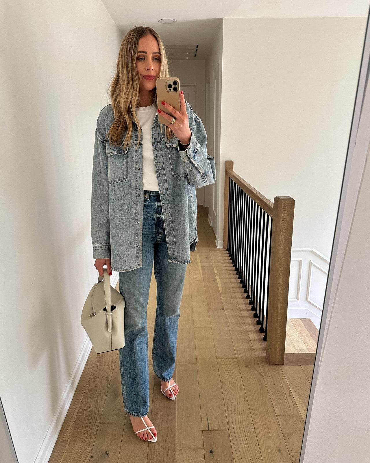 Oversized Denim Shacket with White Sandals Oversized Denim Shacket with White Sandals — Simple Shacket Outfits