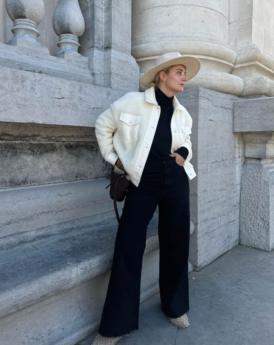 Chic White Textured Shacket with Black Turtleneck and Pants Chic White Textured Shacket with Black Turtleneck and Pants — Simple Shacket Outfits
