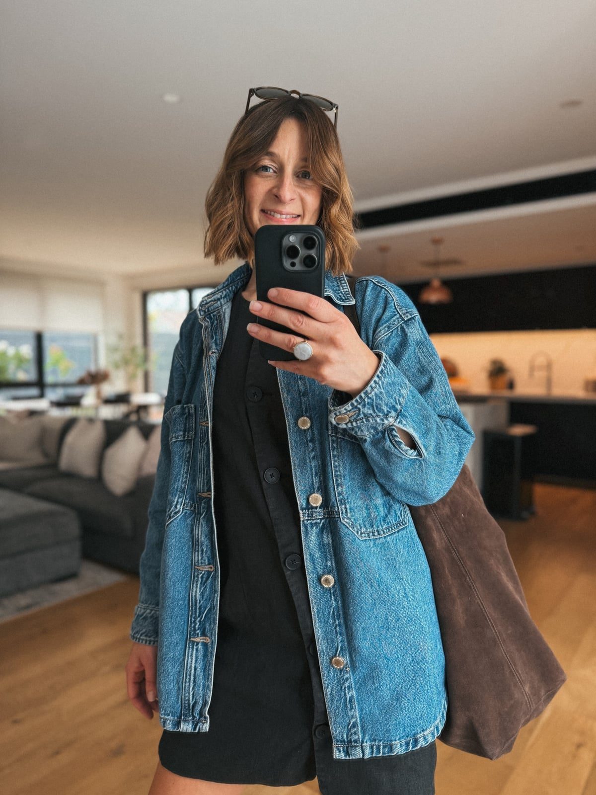 Denim Shacket with Black Mini Dress and Tote Bag Denim Shacket with Black Mini Dress and Tote Bag — Simple Shacket Outfits