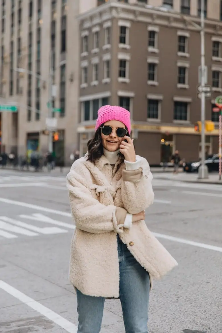 Cream Teddy Shacket with Blue Jeans and Pink Beanie Cream Teddy Shacket with Blue Jeans and Pink Beanie — Simple Shacket Outfits