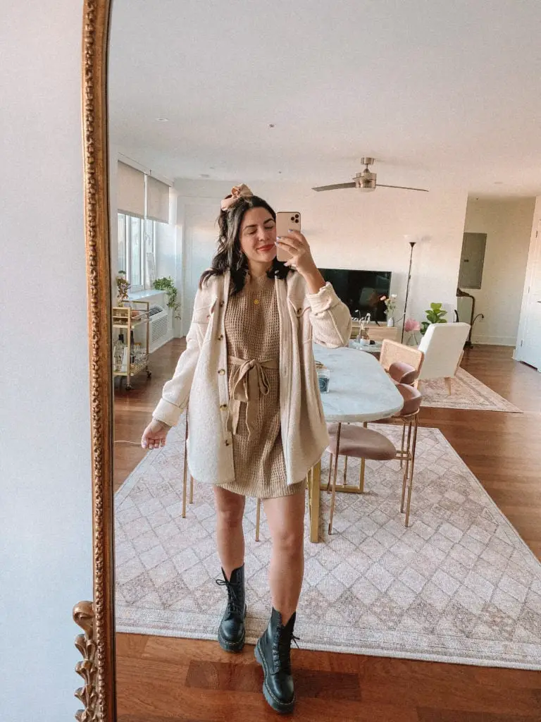 Cream Textured Shacket Over Belted Knit Dress Cream Textured Shacket Over Belted Knit Dress — Simple Shacket Outfits