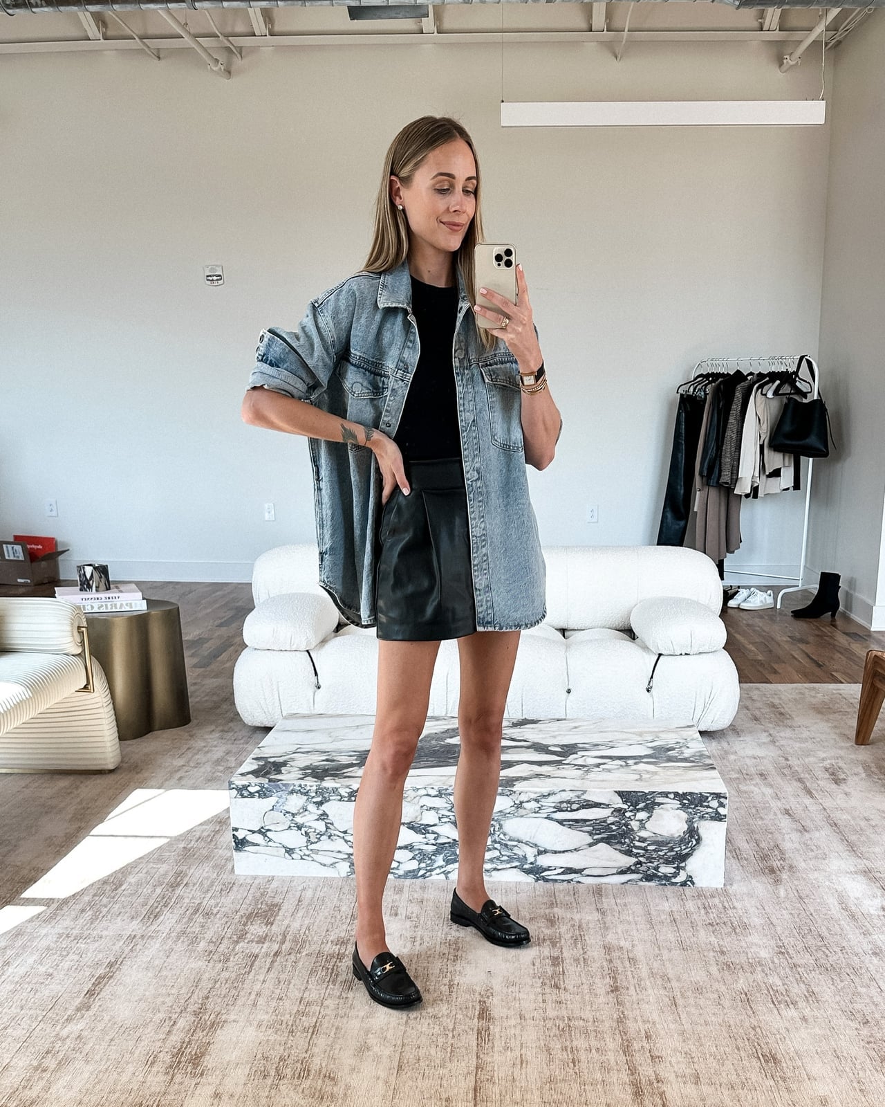 Oversized Denim Shacket with Leather Mini Skirt Oversized Denim Shacket with Leather Mini Skirt — Simple Shacket Outfits