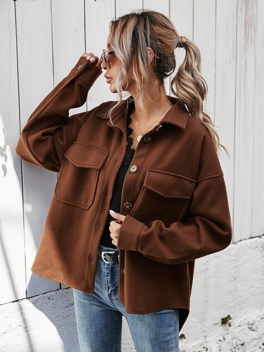 Brown Felted Wool Shacket with Lace Trim Top Brown Felted Wool Shacket with Lace Trim Top — Simple Shacket Outfits