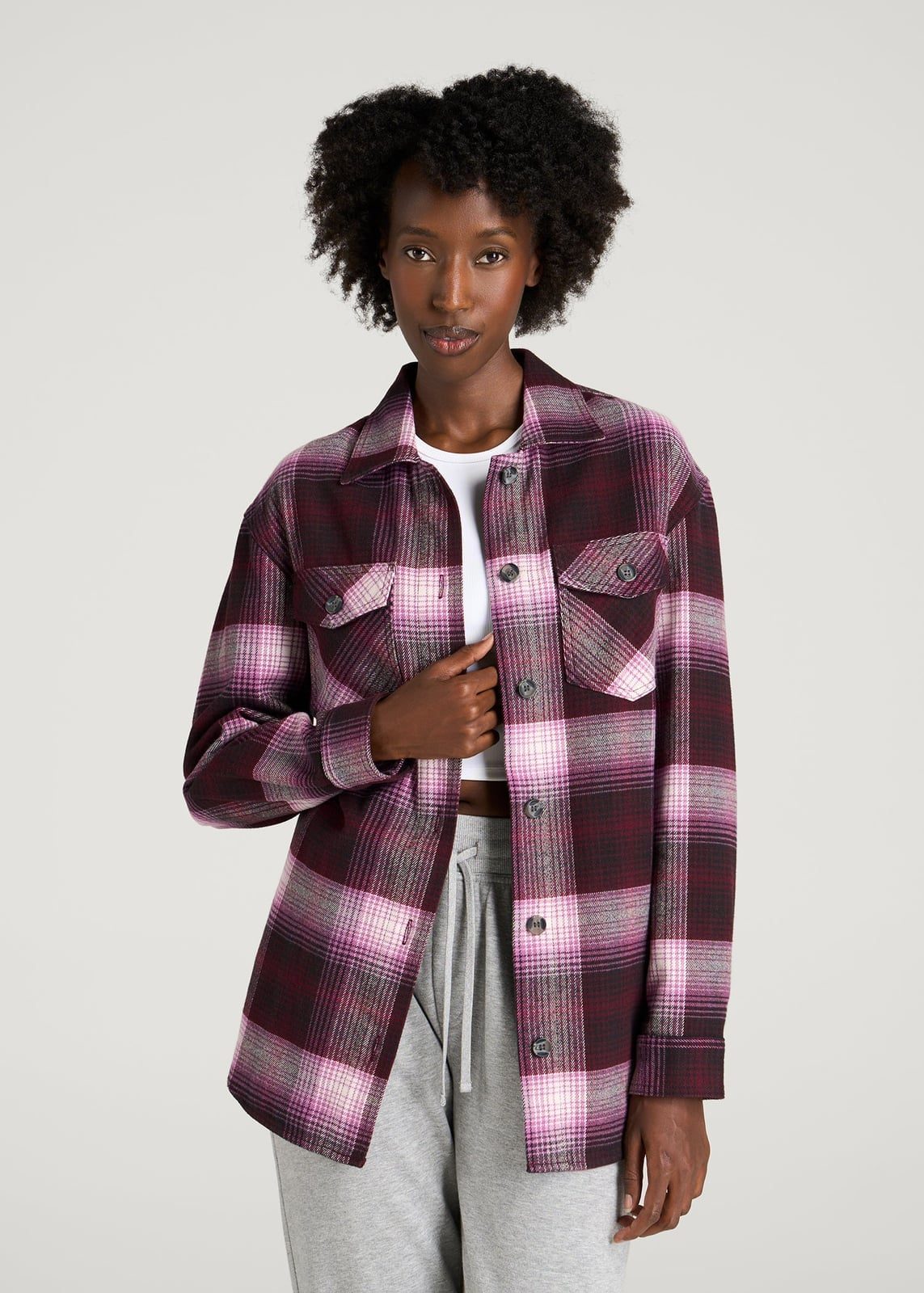 Burgundy and Pink Plaid Flannel Shacket Over Crop Top Burgundy and Pink Plaid Flannel Shacket Over Crop Top — Simple Shacket Outfits