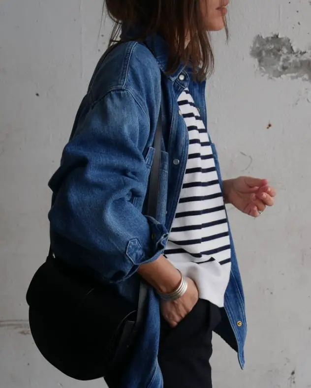 Blue Denim Shacket with Striped T-Shirt and Black Trousers Blue Denim Shacket with Striped T-Shirt and Black Trousers — Simple Shacket Outfits