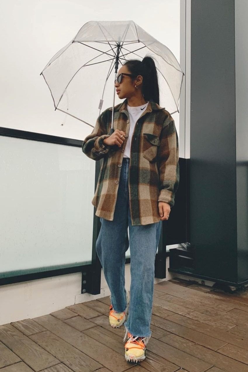 Green and Brown Plaid Shacket with Blue Jeans and Sneakers Green and Brown Plaid Shacket with Blue Jeans and Sneakers — Simple Shacket Outfits