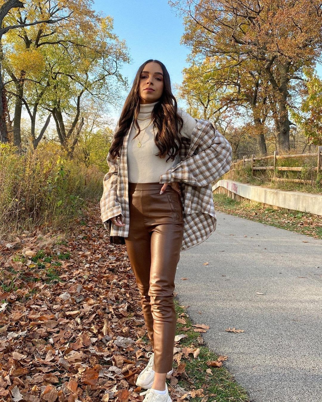 Brown Plaid Shacket with Faux Leather Pants Brown Plaid Shacket with Faux Leather Pants — Simple Shacket Outfits