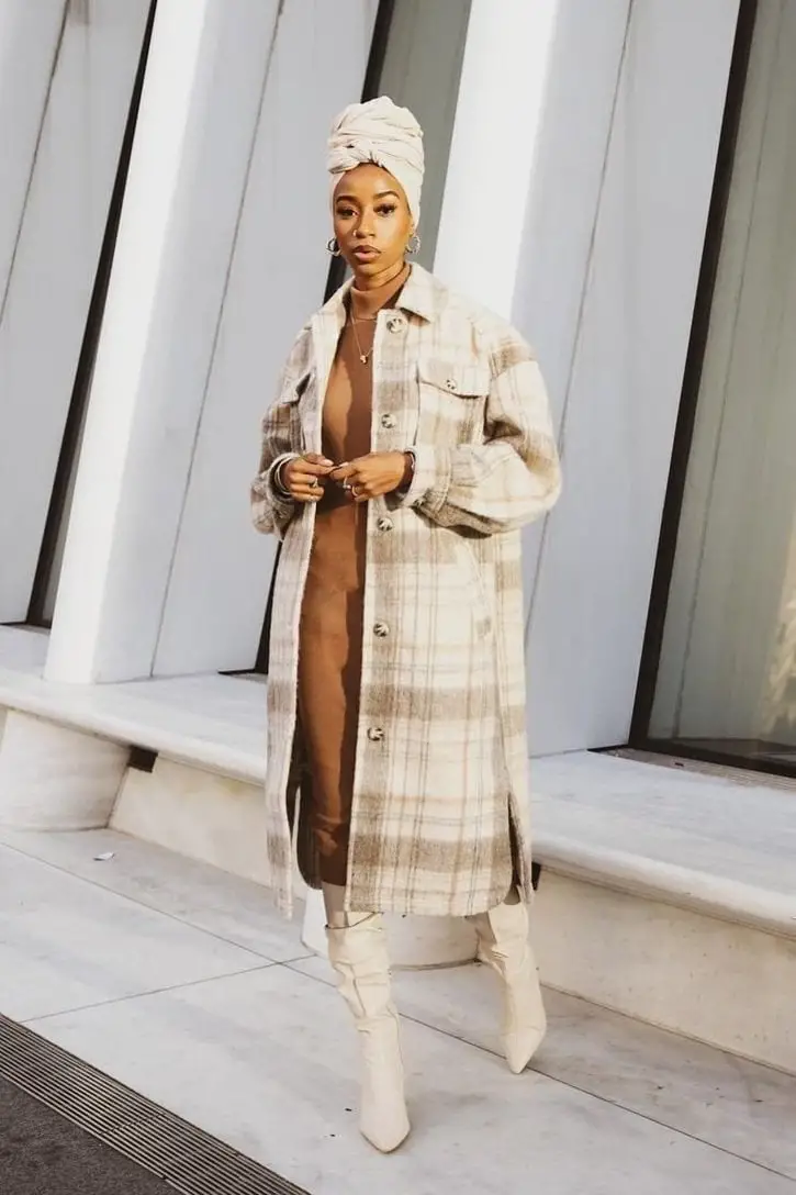Longline Beige Plaid Shacket Over a Knit Dress Longline Beige Plaid Shacket Over a Knit Dress — Simple Shacket Outfits