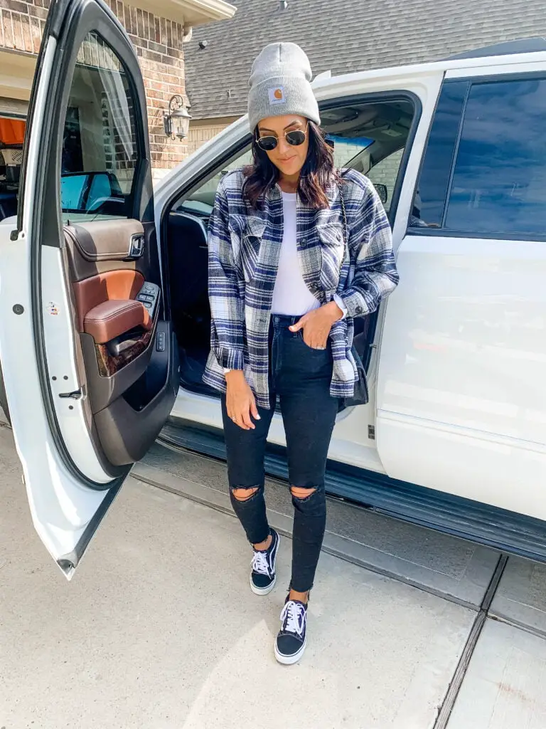 Plaid Shacket with Ripped Black Jeans and Beanie Plaid Shacket with Ripped Black Jeans and Beanie — Simple Shacket Outfits