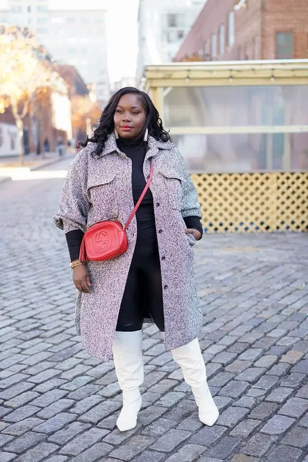 Long Gray Shacket with White Boots and Red Bag Long Gray Shacket with White Boots and Red Bag — Simple Shacket Outfits