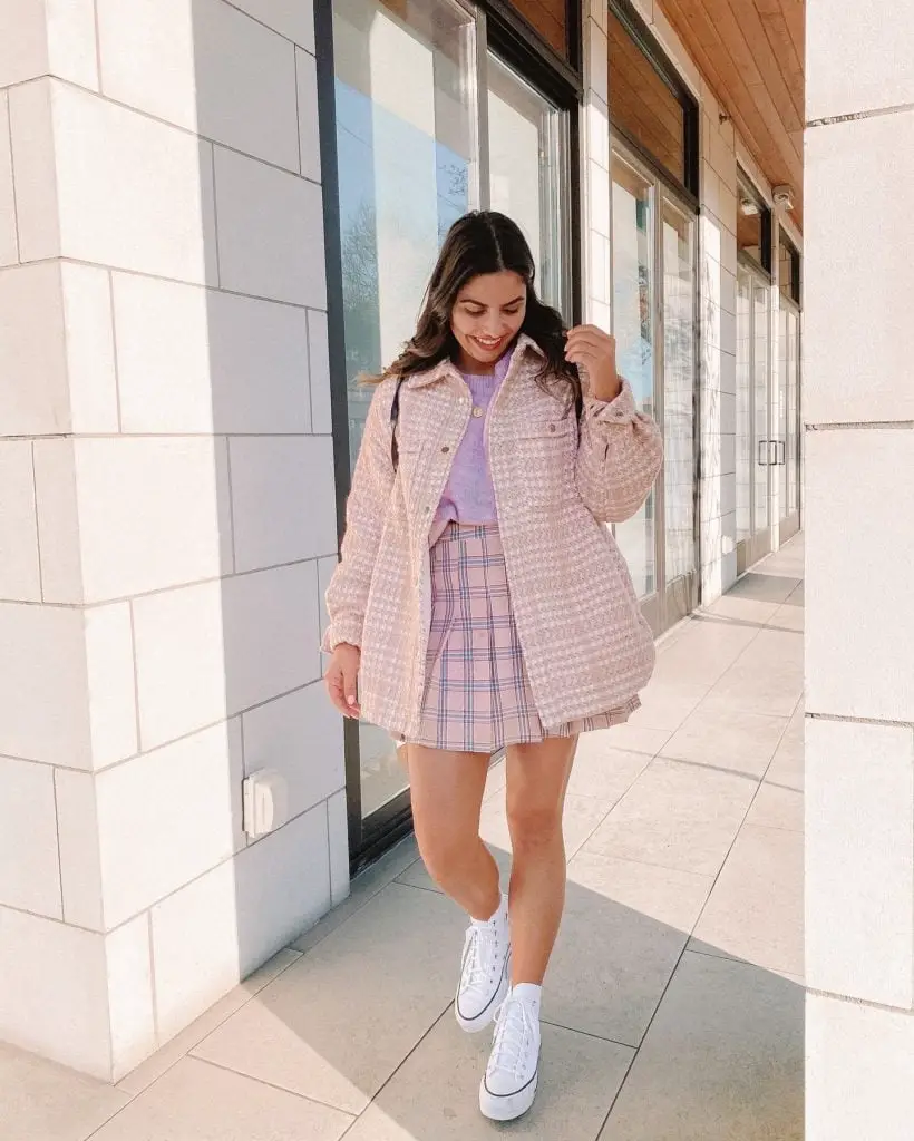 Pink Textured Shacket with Pastel Plaid Mini Skirt Pink Textured Shacket with Pastel Plaid Mini Skirt — Simple Shacket Outfits
