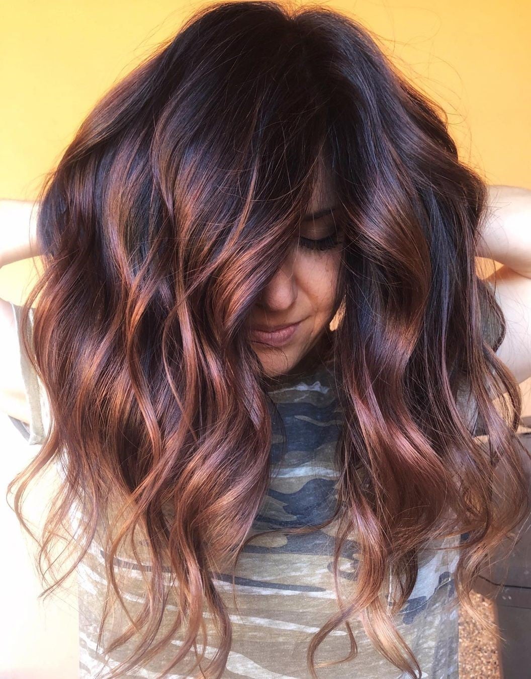 Camouflage T-Shirt with Copper Toned Shadow Root Hair Camouflage T-Shirt with Copper Toned Shadow Root Hair — Simple Shadow Root