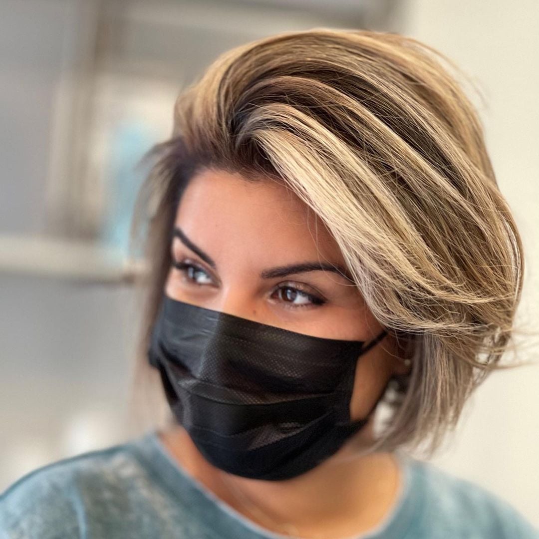 Blue T-Shirt with Short Layered Shadow Root Bob and Face Mask Blue T-Shirt with Short Layered Shadow Root Bob and Face Mask — Simple Shadow Root