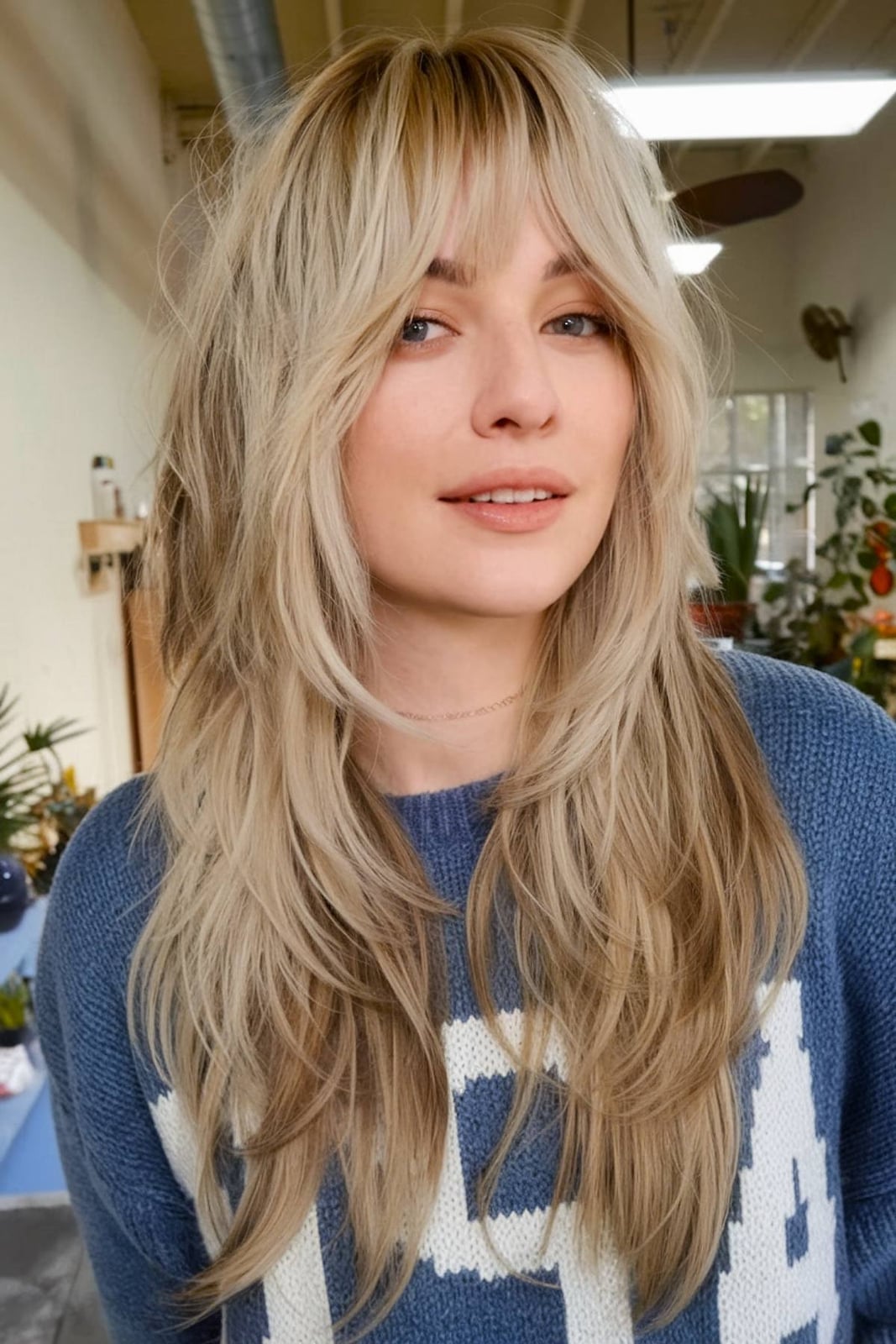 Long Blonde Balayage Shag With Curtain Bangs — Simple Shag Haircut