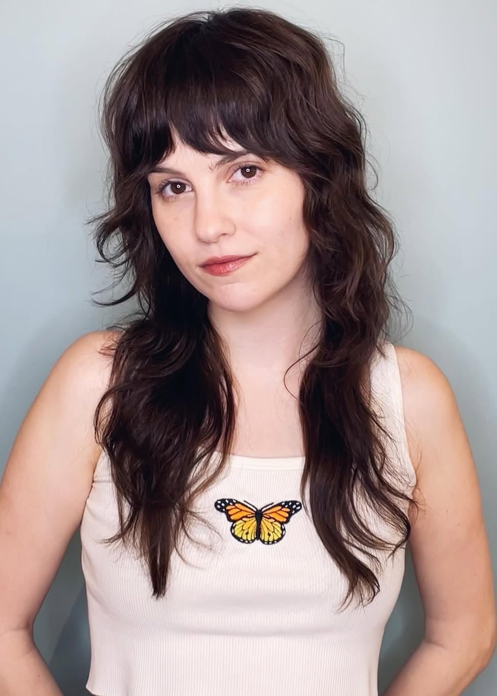 Mid-Back Dark Brown Shag With Full Bangs — Simple Shag Haircut