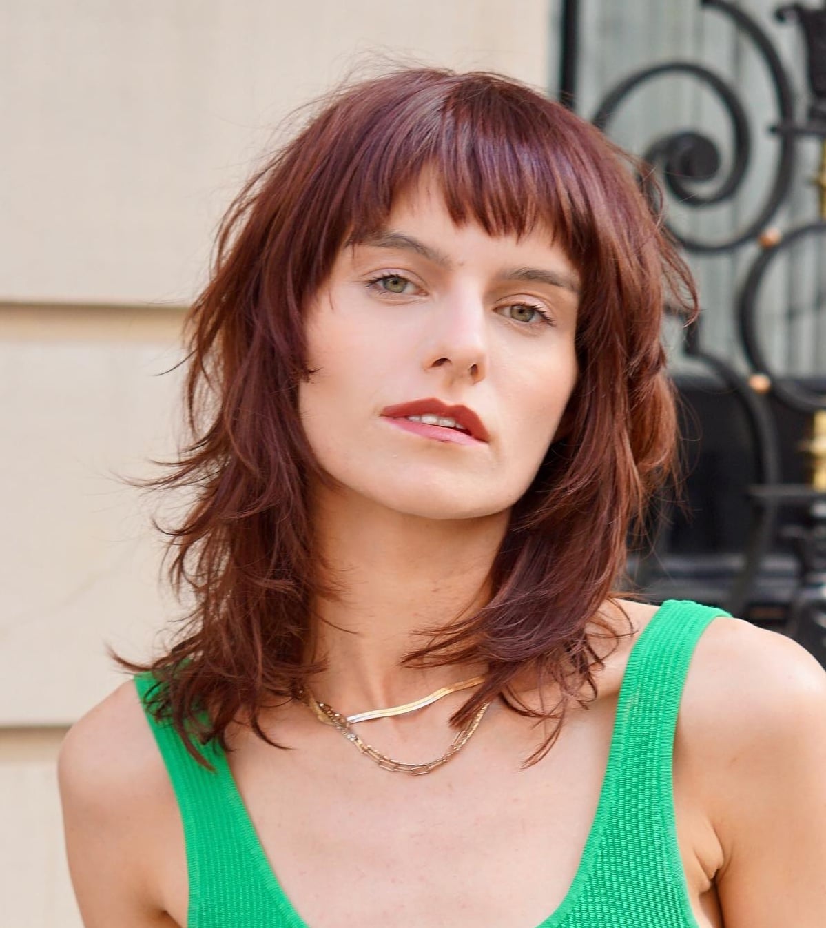 Shoulder Dark Auburn Shag Full Bangs — Simple Shag Haircut