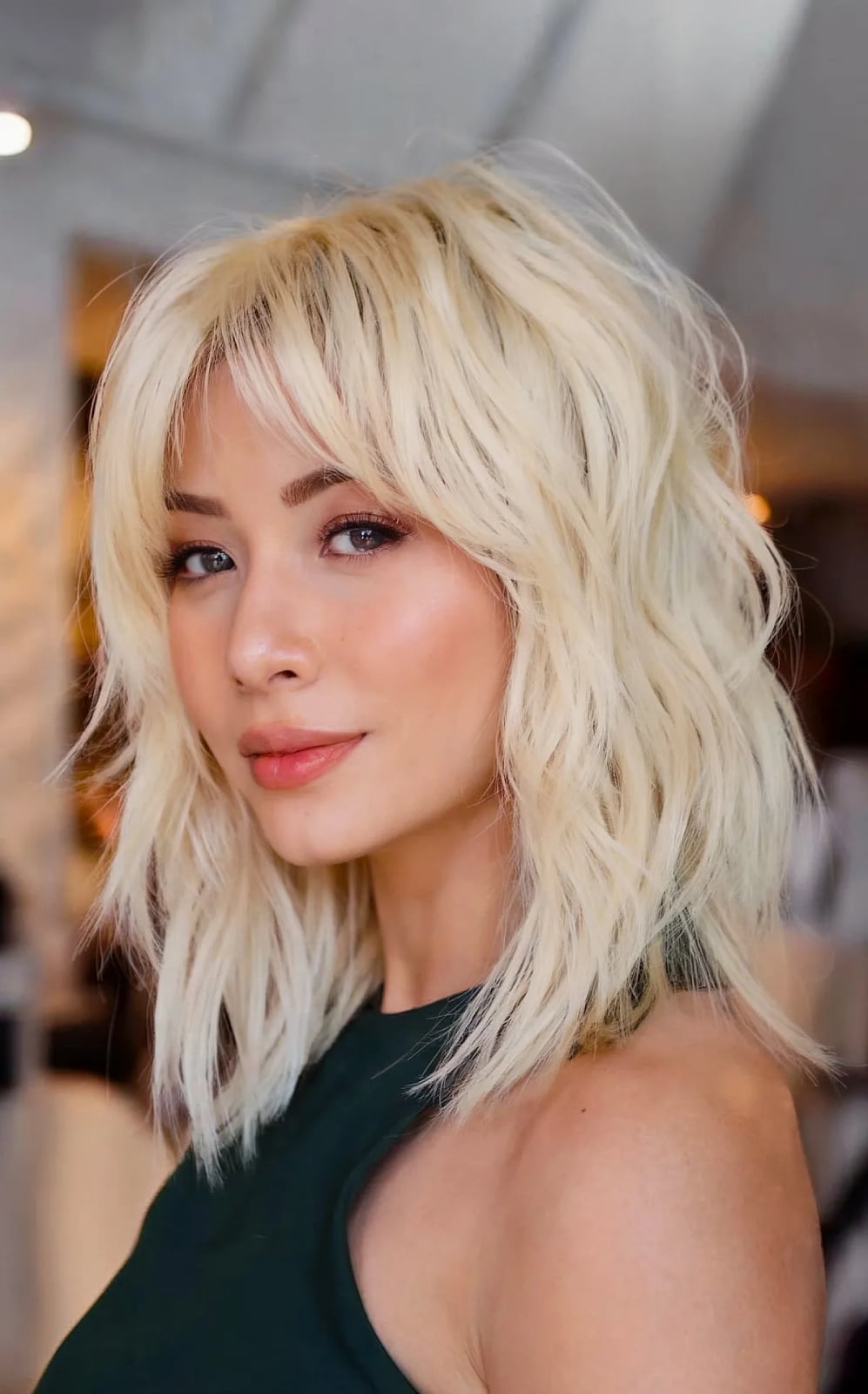 Collarbone Dark Brown Shag With Curtain Bangs — Simple Shag Haircut