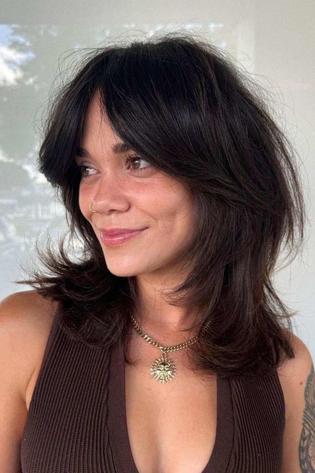 Dark Brown Collarbone Shag With Face-Framing Layers, Close-Up Take Dark Brown Collarbone Shag With Face-Framing Layers, Close-Up Take — Simple Shag Hairstyles