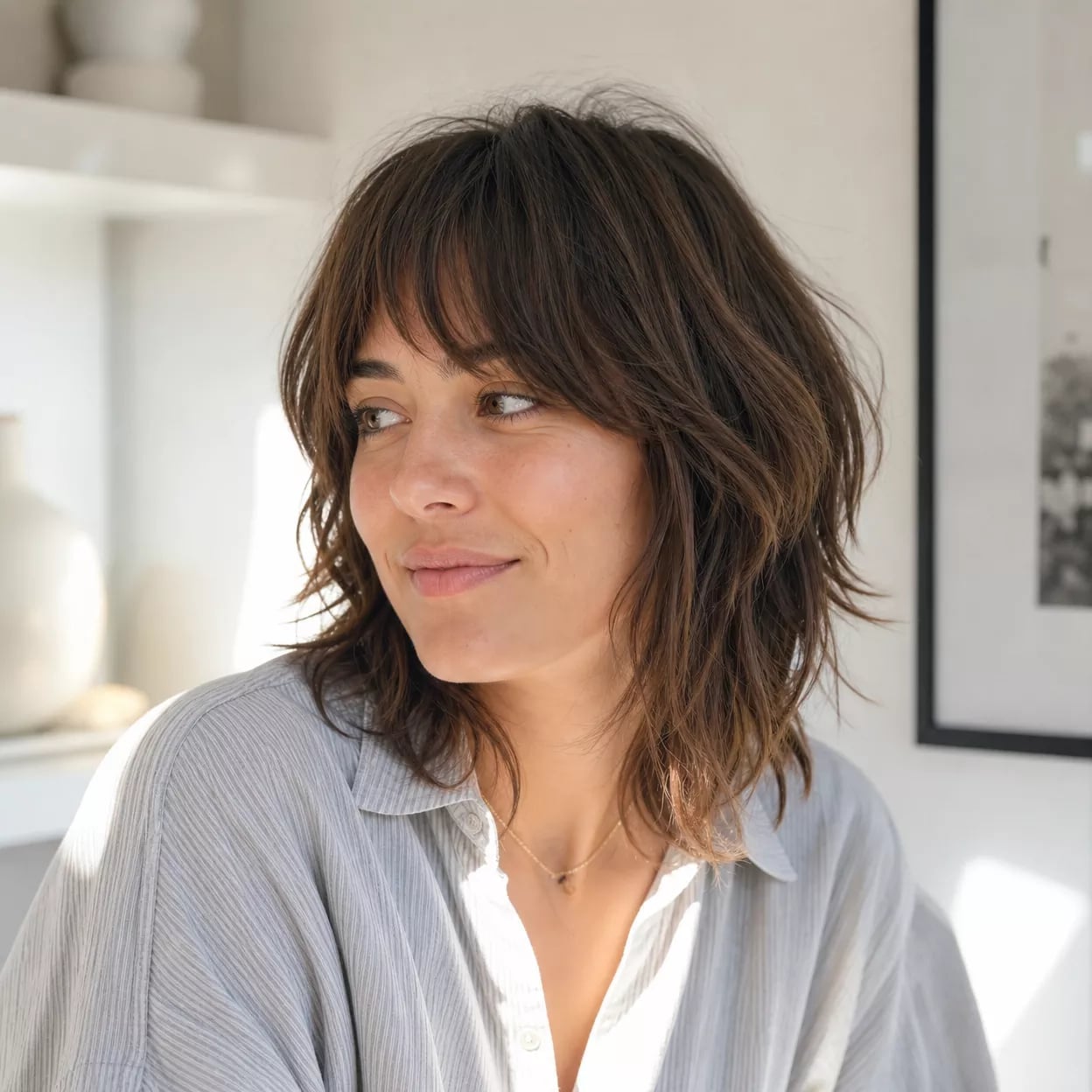 Dark Brown Collarbone Shag With Textured Blowout Dark Brown Collarbone Shag With Textured Blowout — Simple Shag Hairstyles