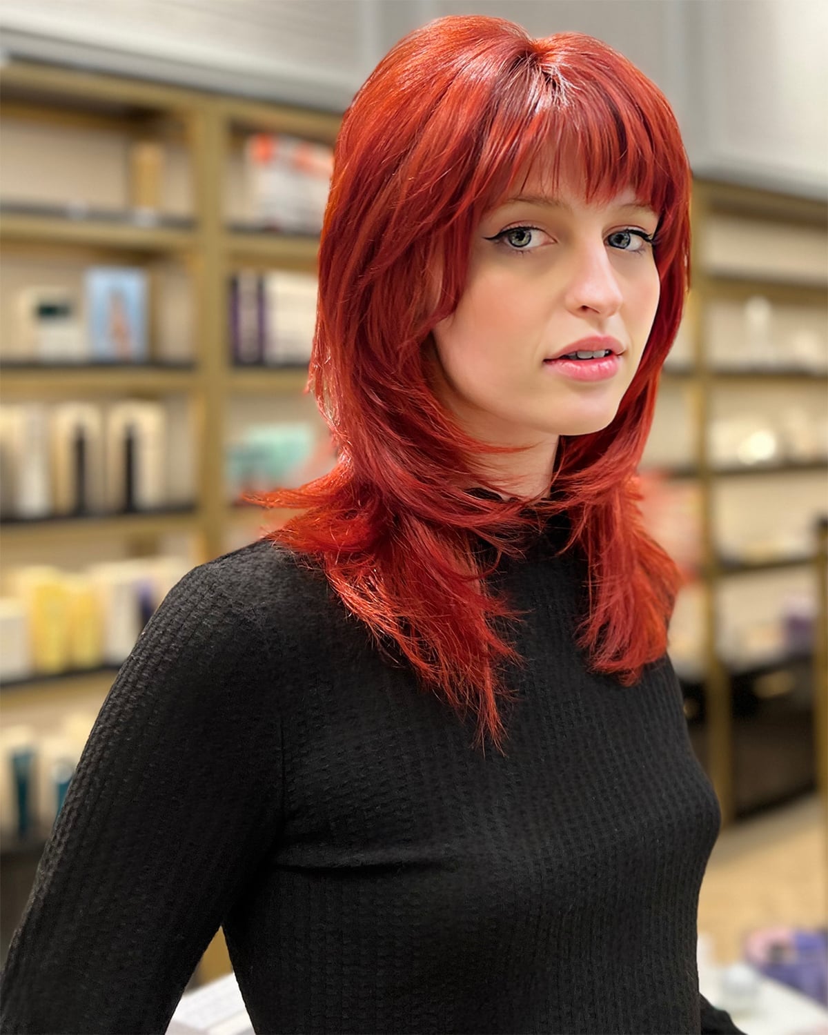 Vibrant Red Collarbone Shag With Choppy Layers Vibrant Red Collarbone Shag With Choppy Layers — Simple Shag Hairstyles