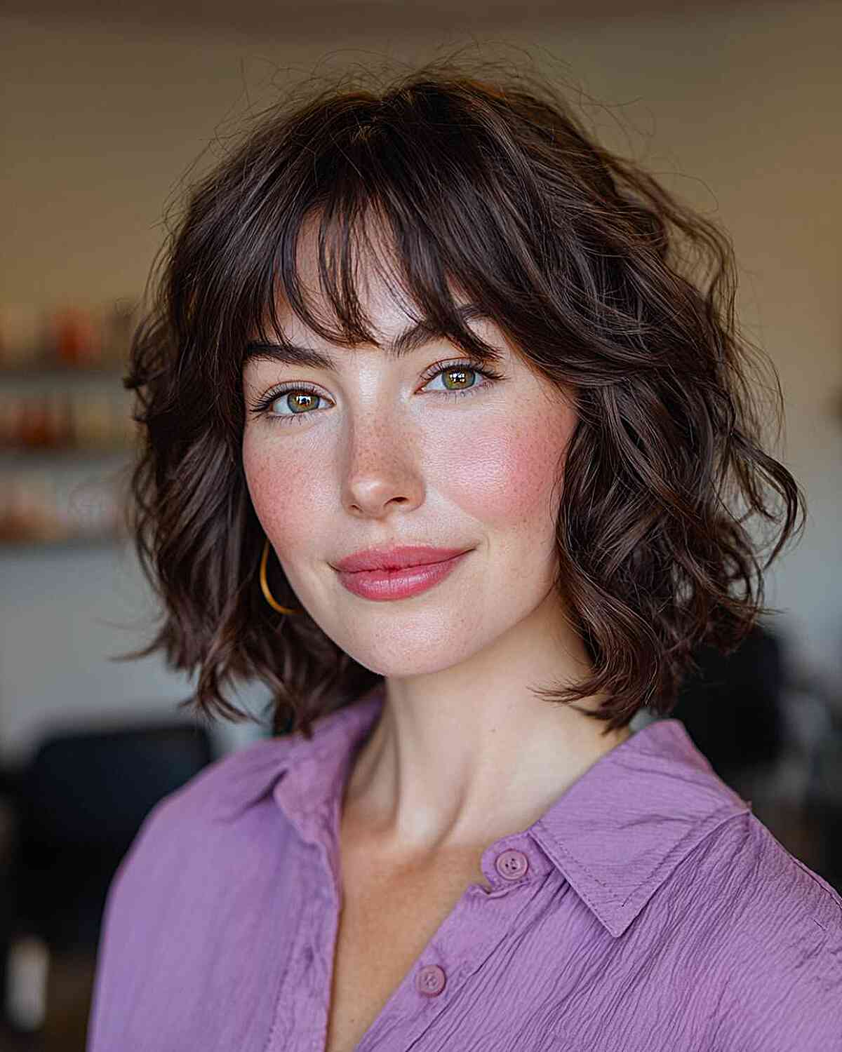 Chin Length Shaggy Bob With Full Bangs, Dark Brown Chin Length Shaggy Bob With Full Bangs, Dark Brown — Simple Shaggy Bob