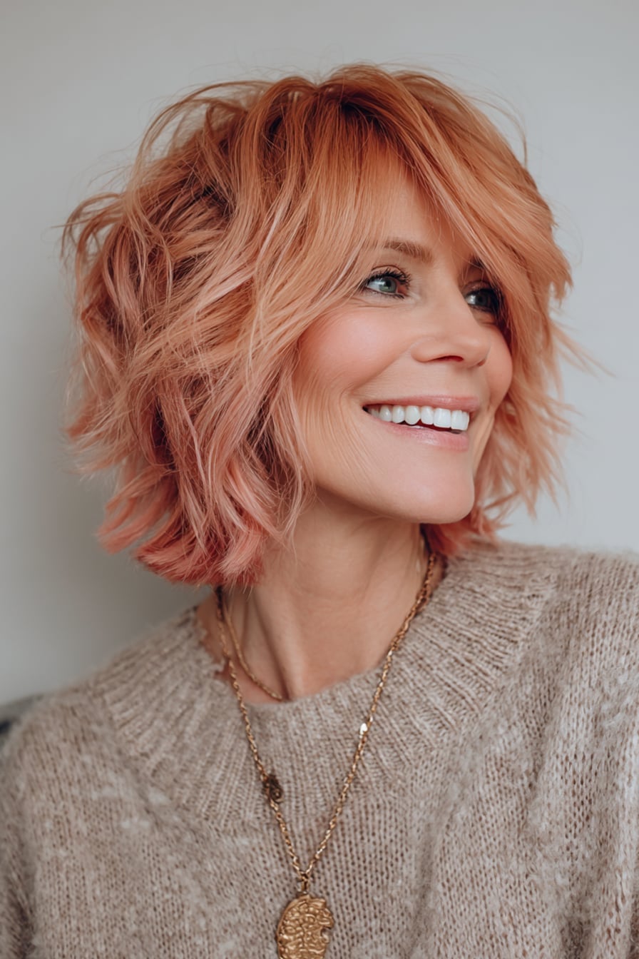 Chin Length Shaggy Bob Peach Pink Tones Chin Length Shaggy Bob Peach Pink Tones — Simple Shaggy Bob