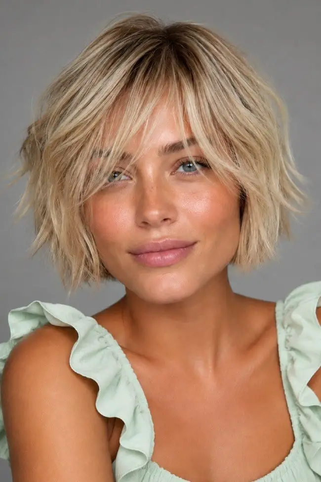 Champagne Blonde Shaggy Bob With Wispy Fringe — Simple Shaggy Bob Haircut